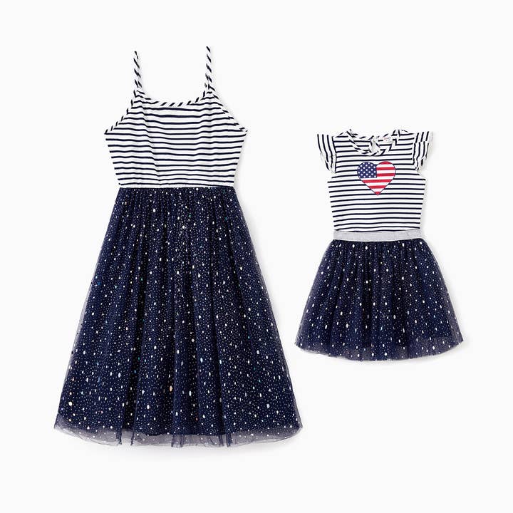 Mommy &Me 4th of July Stripe Heart American Flag Tulle Dress for wholesale by PatPat Matching