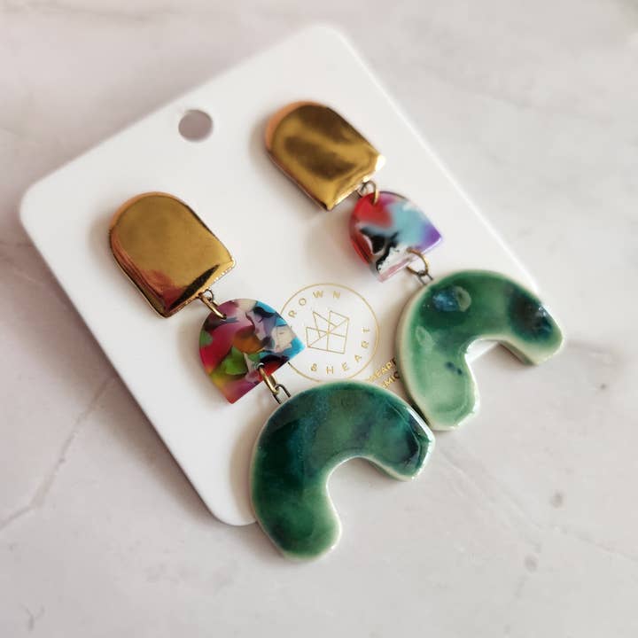 Tiered Rainbow + Emerald Arch Earrings for wholesale by Crown & Heart