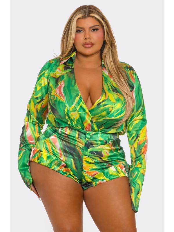 BANJUL - Wholesale Lounge Set - Women's - BCCTR24590P1 Plus Size 2Pcs Bodysuit & Shorts Set