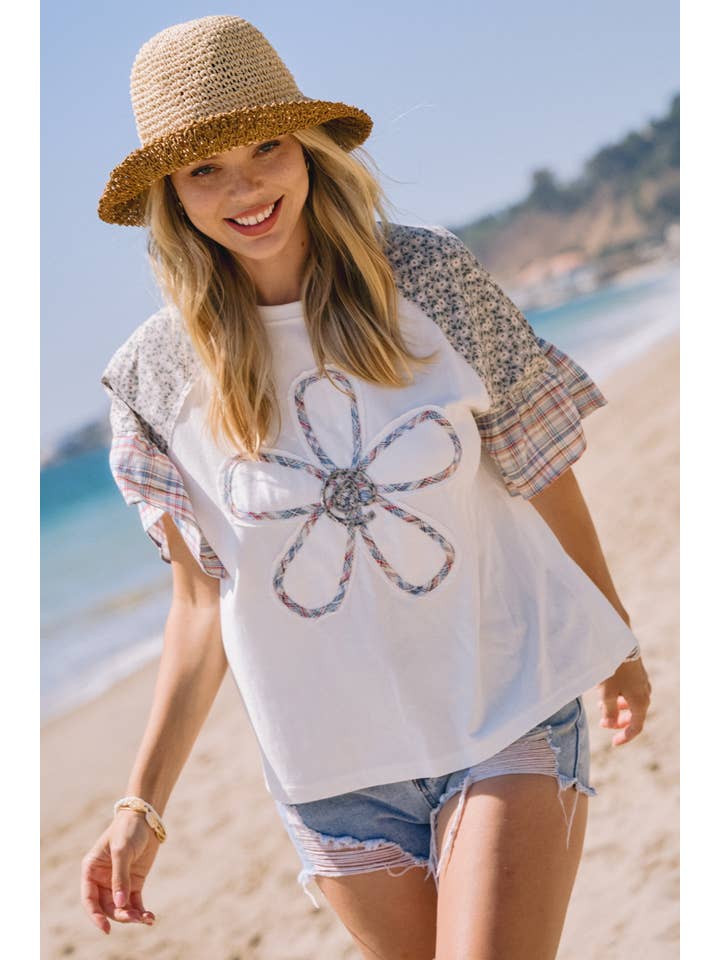 White Plus Contrast Color Block Short Sleeve Knit Top for wholesale on Faire
