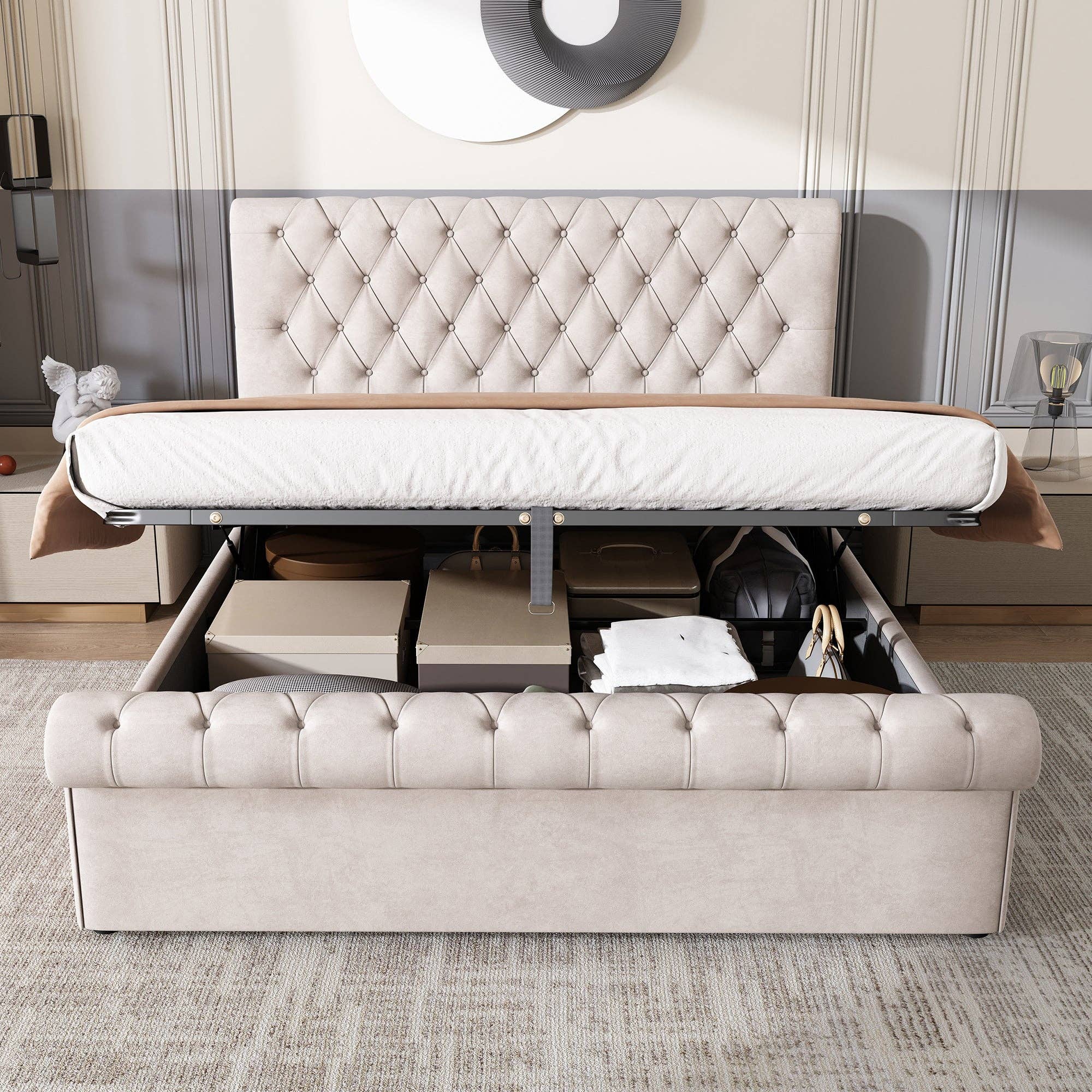 Modern Home Touch – wholesale Bedroom furniture – Luxury Velvet King Size Bed Frame with Underbed Storage5