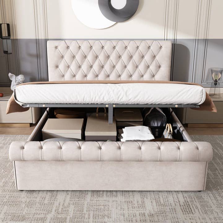 Modern Home Touch – wholesale Bedroom furniture – Luxury Velvet King Size Bed Frame with Underbed Storage5