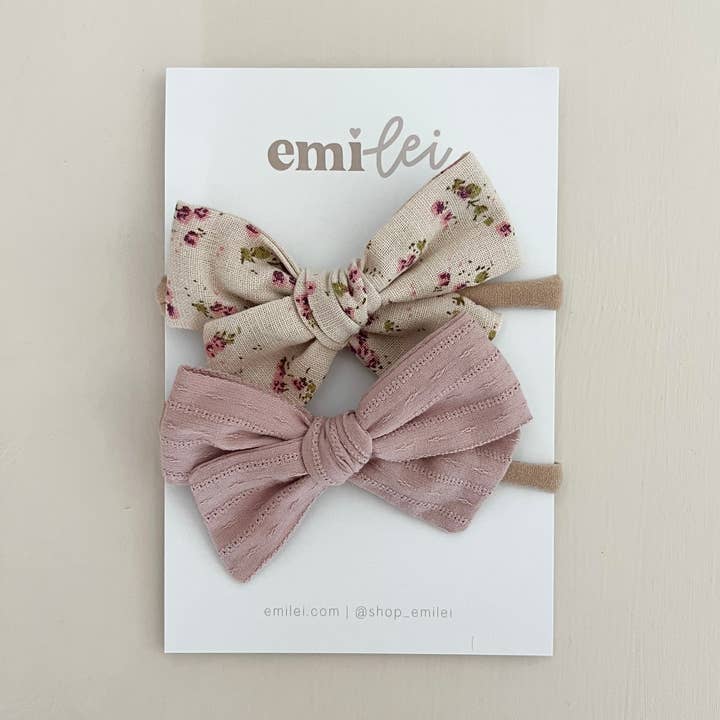 Nylon Stretchy Bow Headband Set - Mauve/Natural Floral (#8) for wholesale by Emi Lei