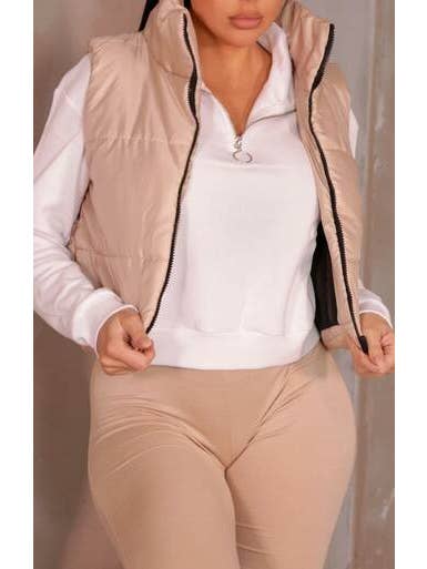Femme Luxe - Vente Veste – femme - Gilet matelassé court sans manches à col montant nude avec fermeture éclair - Brea3