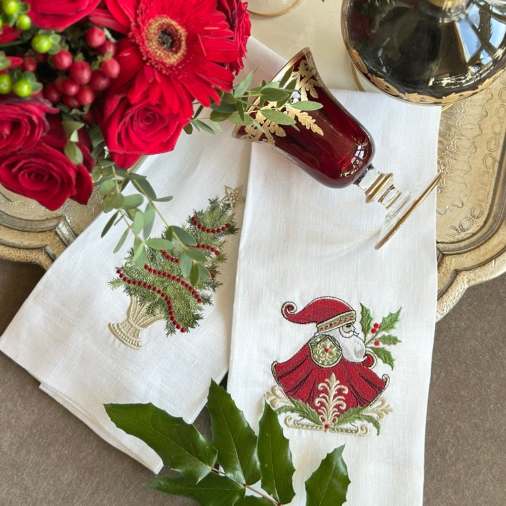 Arte Italica & Crown Linen Designs - Venta al por mayor Paños de cocina - Toalla de lino con forma de árbol de Navidad con ribetes - Navidad3