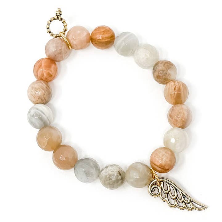 Piedra lunar facetada de 10 mm con ala de ángel dorada para venta al por mayor de PowerBeads by jen