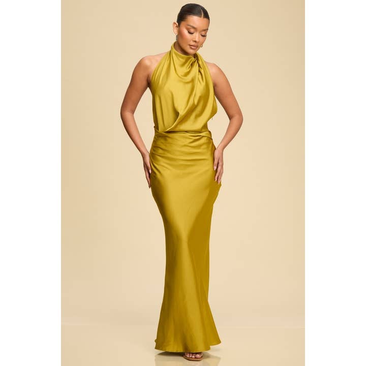 COWL FRONT OPEN BACK SATIN DRESS for wholesale by Luxxel