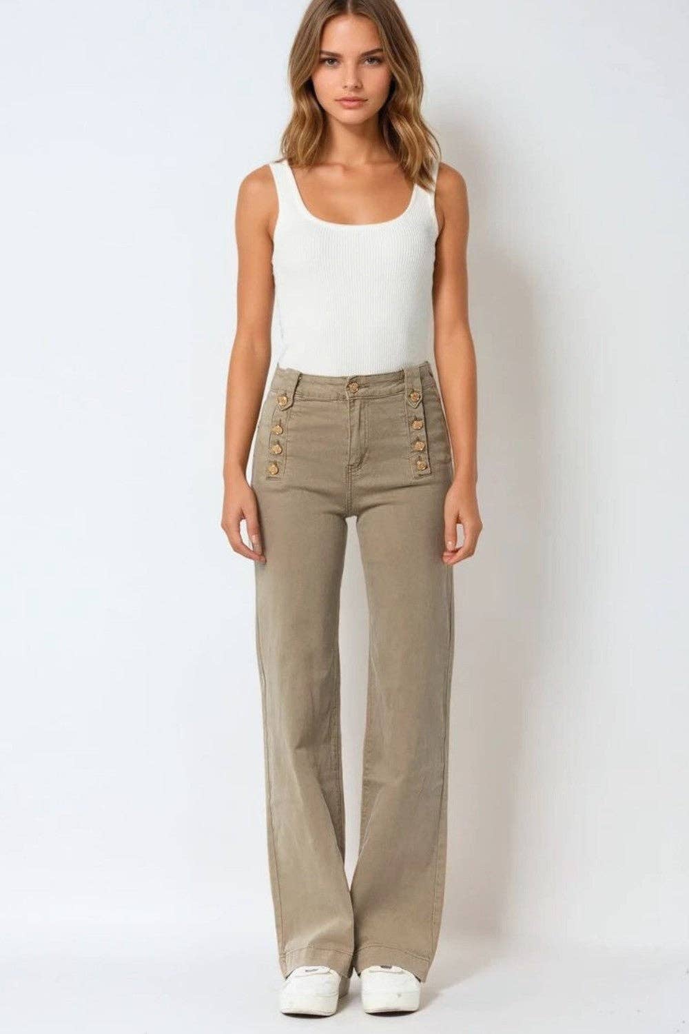 Straight Jeans With Gold Buttons At the Side in beige for wholesale on Faire5