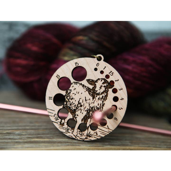 Sunrise Grove - Wholesale Knitting/Crochet Supplies - Cherry Wood Knitting Needle Gauge with Sheep & Bronze Clasp
