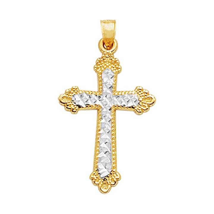 14 K gul+hvid guld skinnende Diamond Cut hvide Kors Pendant i gul Design for engroshandel hos The Diamond Deal