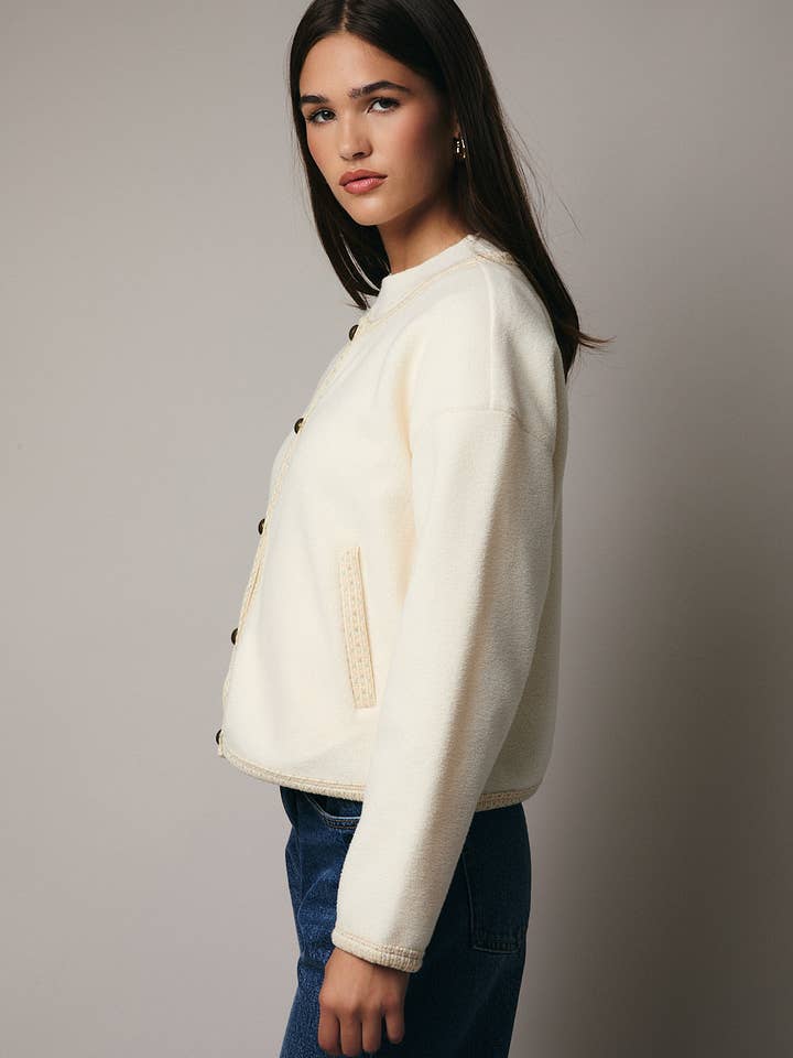 CREAM ROUND NECK BUTTON DOWN FLEECE CARDIGAN for wholesale on Faire2