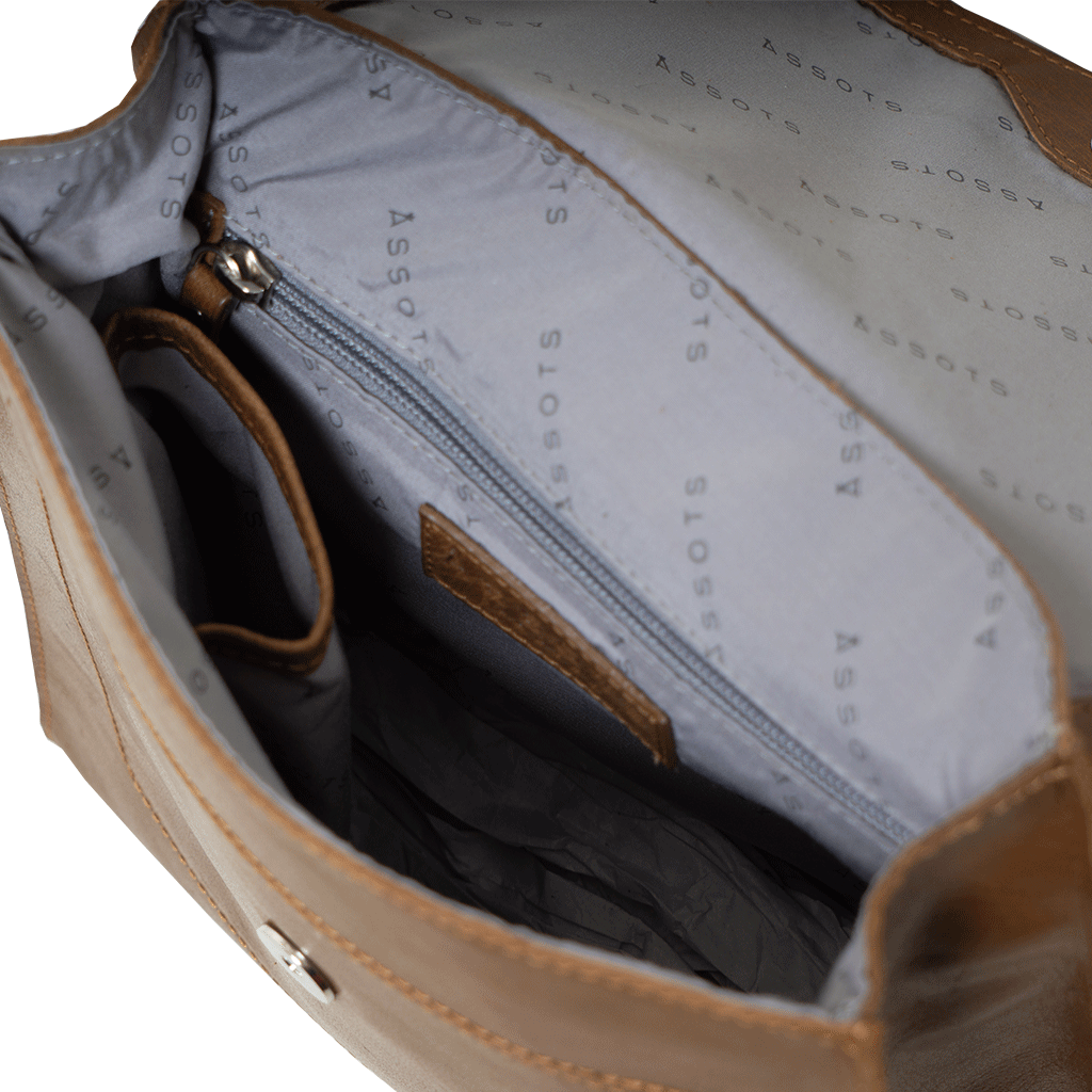 Assots London - Wholesale Backpack - Women's - 'MARGARET' Tan Natural Grain Polished Leather Flap Over Ba5