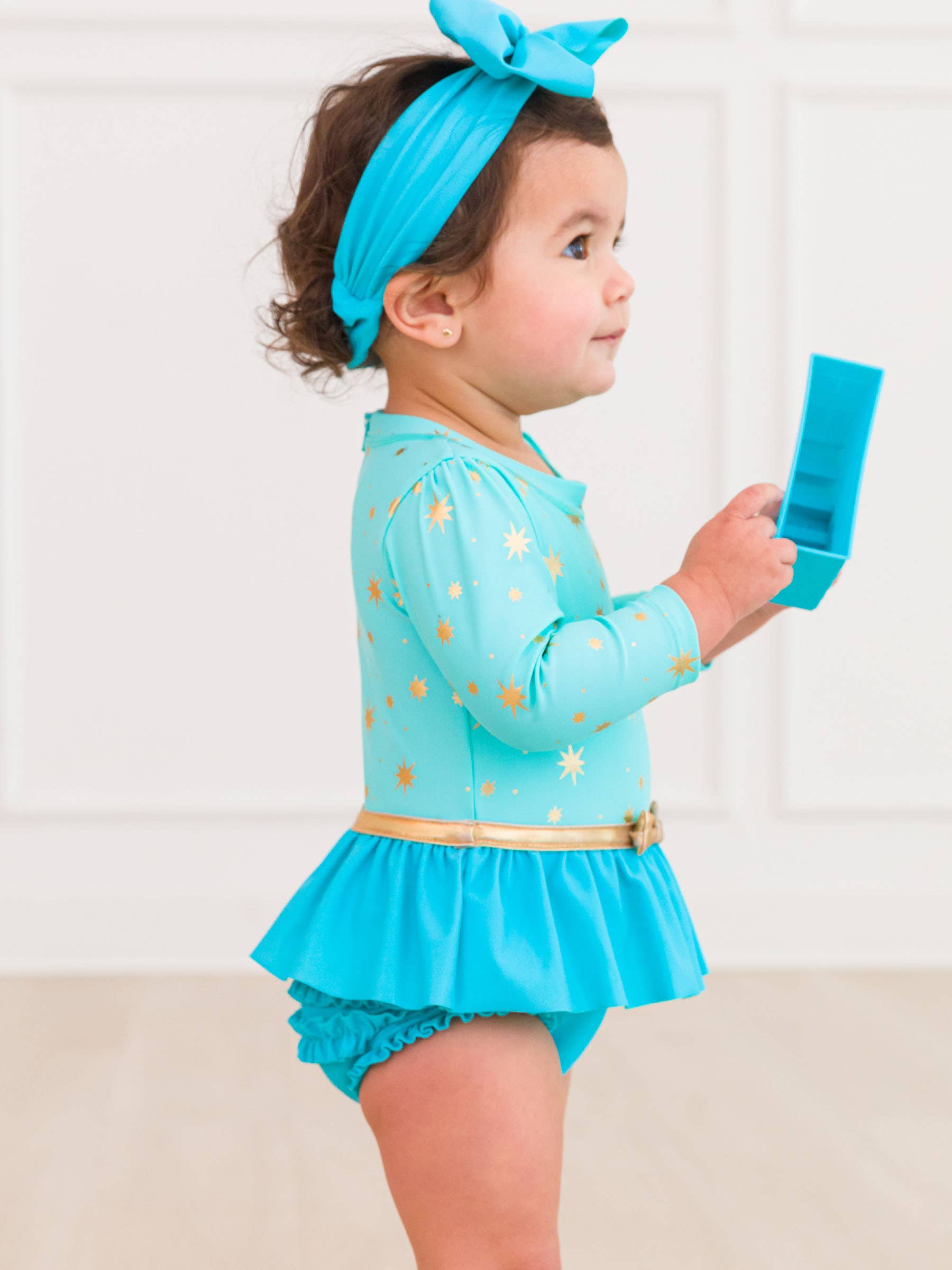 Blauw Meisjes Teal Gouden Prinses Lange Mouw Strik Rok Eendelig Badpak voor groothandel op Faire3