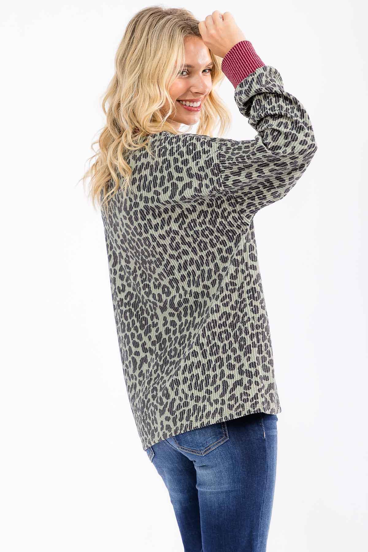 7th Ray - Wholesale Knit Top - Women's - Rib Animal Print Drop Shoulder V Seam Long Sleeve Top T581711