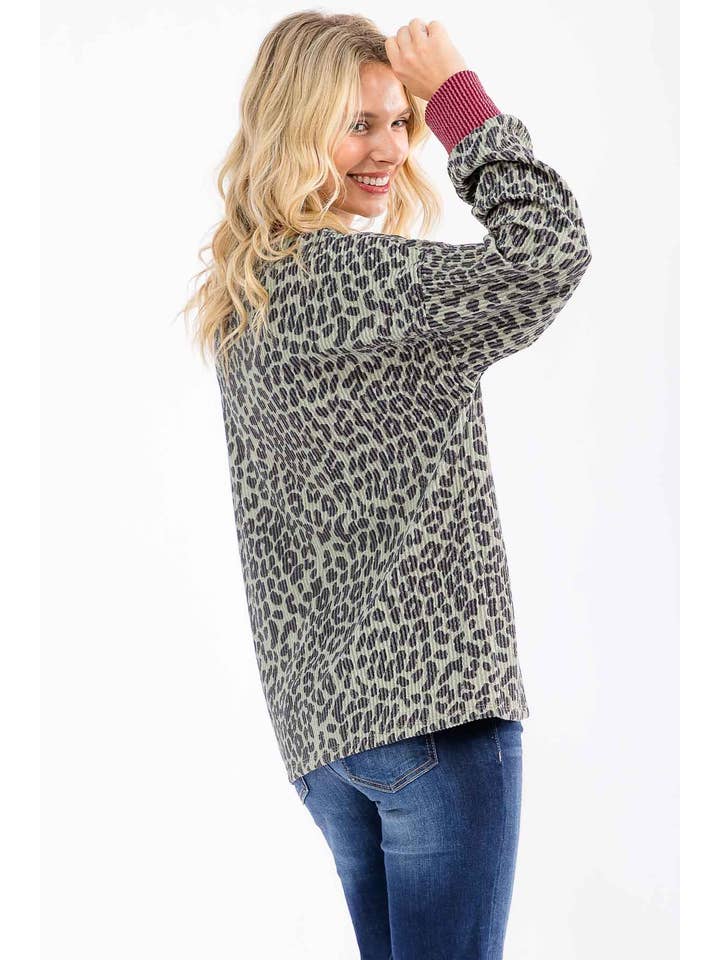 7th Ray - Wholesale Knit Top - Women's - Rib Animal Print Drop Shoulder V Seam Long Sleeve Top T581711