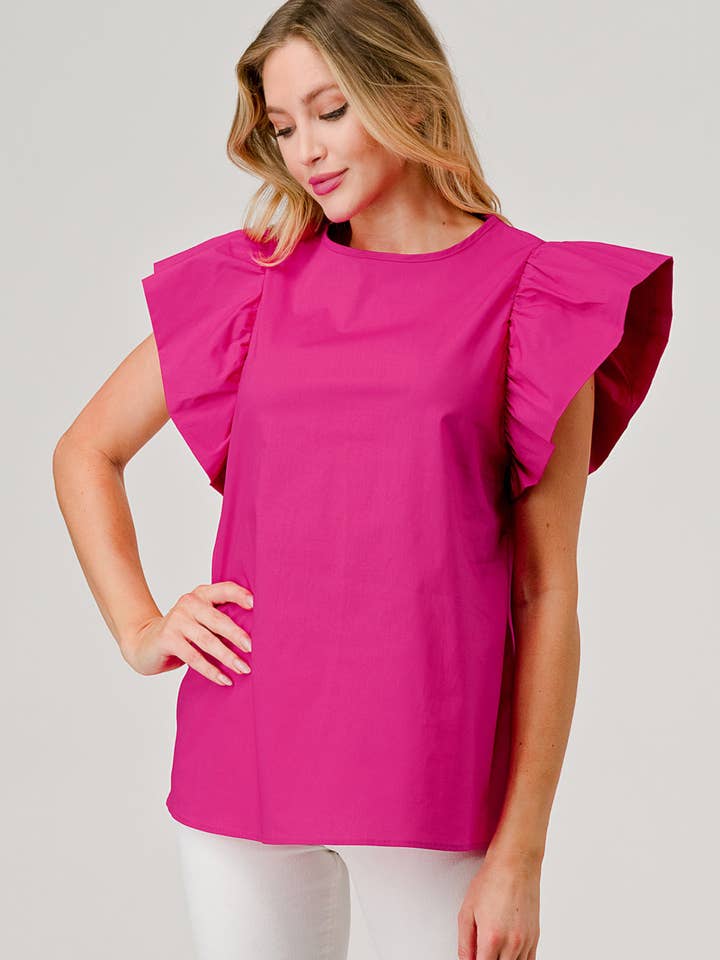 Pixi + Ivy - Wholesale Blouse - Women's - Poplin Exaggerated Ruffle Sleeve Hot Pink