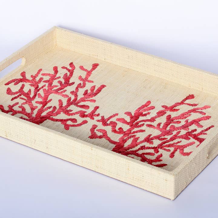 Plateau brodé rouge corail Penelope pour la vente par Larone Artisans, LLC