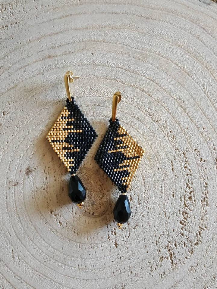 Diamond patterned Long Bead weaving Post Earrings for wholesale by Kalliopi P. Giannoula - Poppygshop