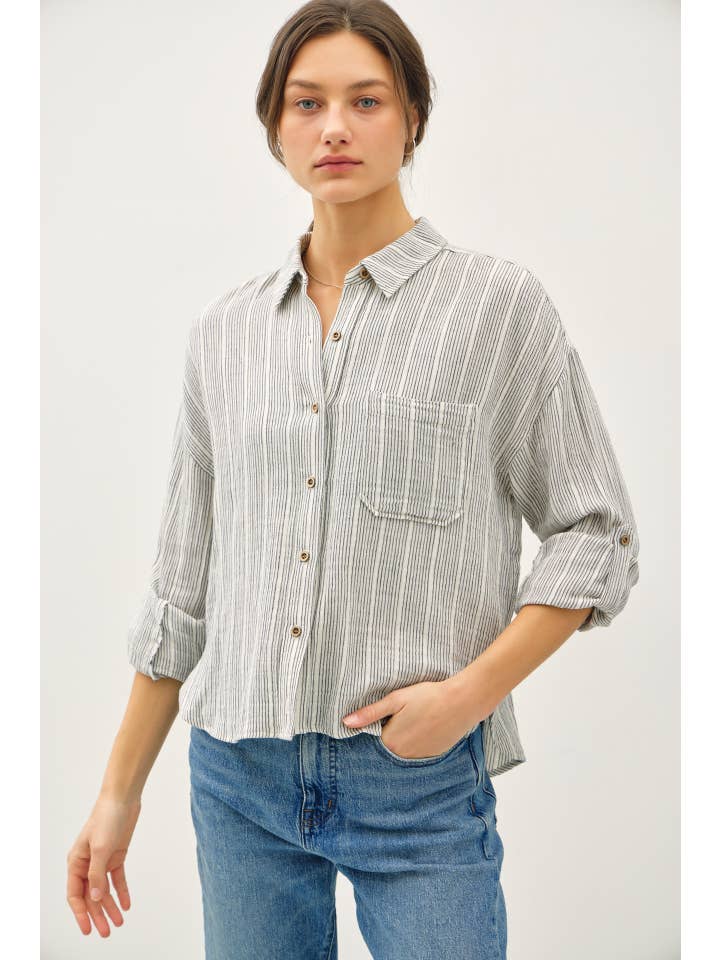 Be Cool - Wholesale Button Down Shirt - Women's - STRIPED, COTTON GAUZE BUTTON UP TOP