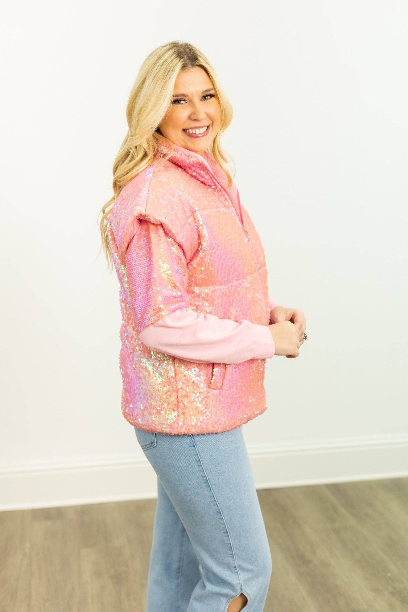 Sequin Puffer Vest, Pink for wholesale on Faire11