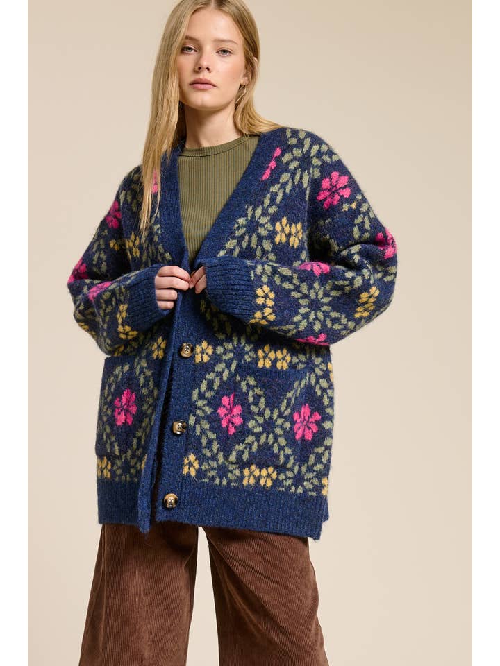 Mimosa - Wholesale Cardigan - Women's - Retro Floral Print Fuzzy Knit Cardigan4