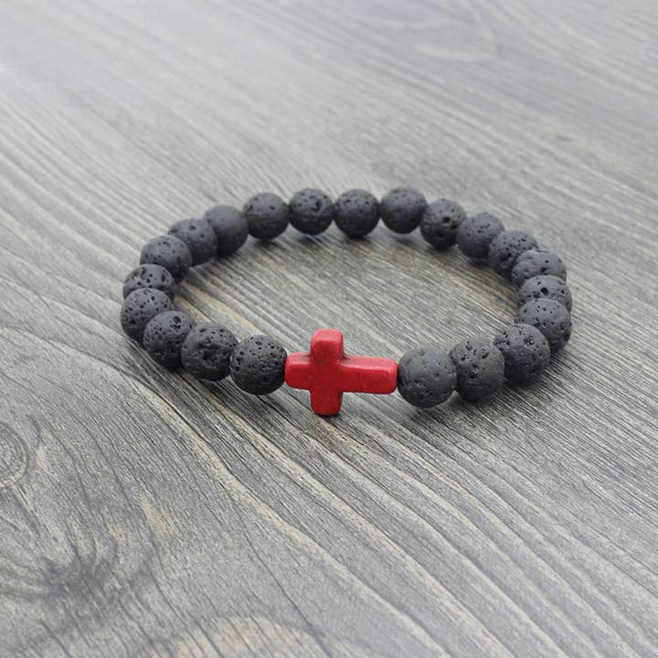 Perimade & Co. LLC - Wholesale Beaded bracelet - Lava Stone Cross Bead Couple Bracelet in Crystal Raw Stone2
