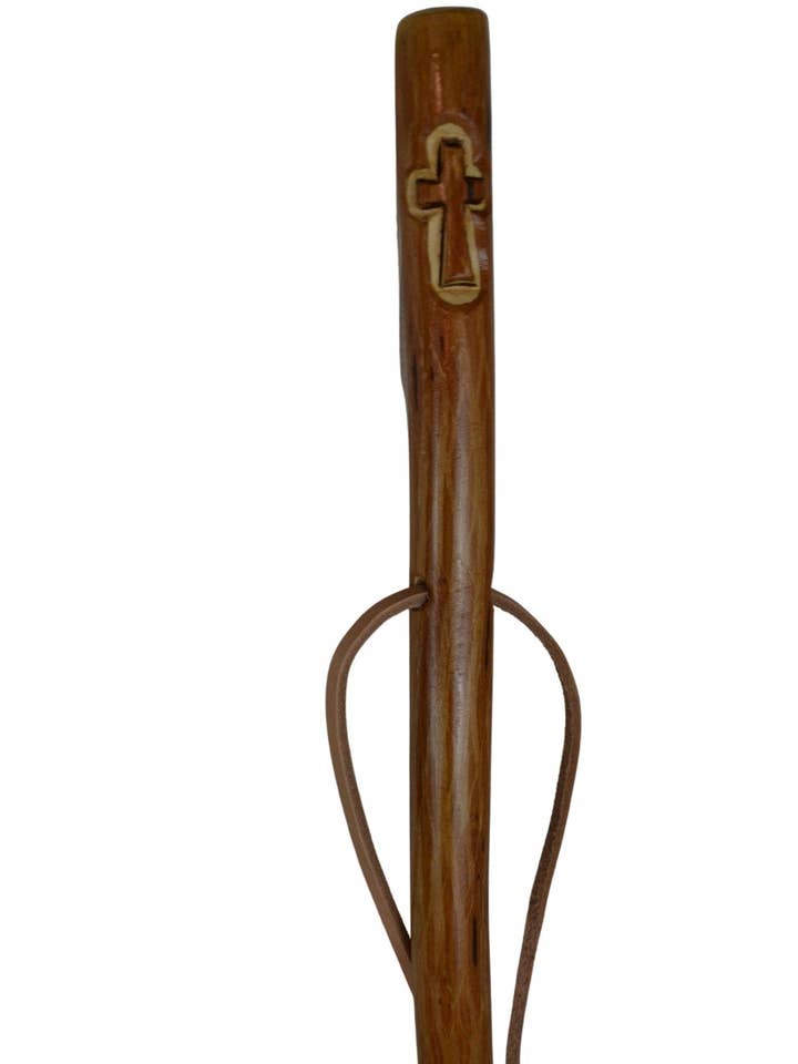 Hand Carved Christian Cross on Walking Stick, Staff, walkingstick, Kiln Dried, Trecker, Cross Carving, Hardwood for wholesale by Creation Carvings LLC
