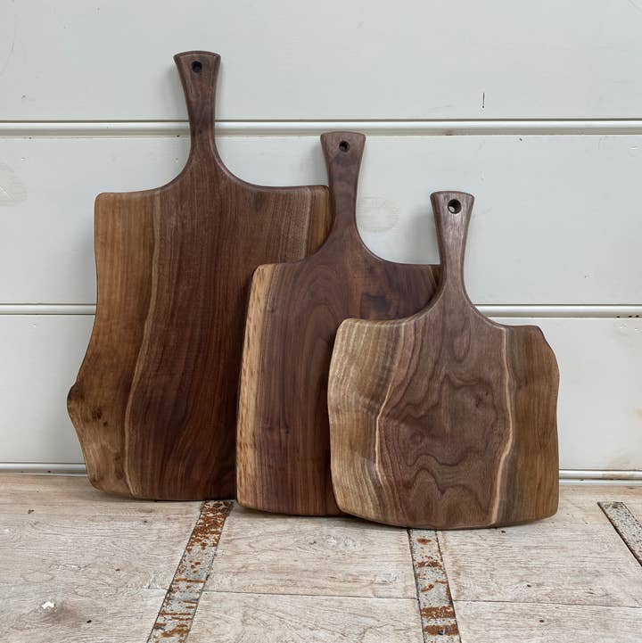 24" BLACK WALNUT SERVING BOARD W/ HANDLE for wholesale by Petermans Boards and Bowls Inc.