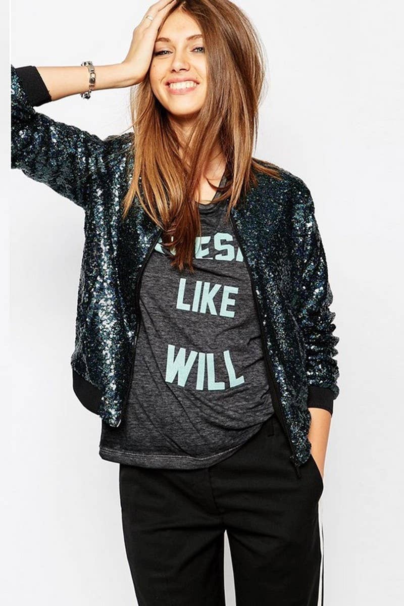 NINEXIS - Wholesale Coat - Women's - CWOCO1128_SEQUINED LONG SLEEVE ZIP-UP BASEBALL JACKET3