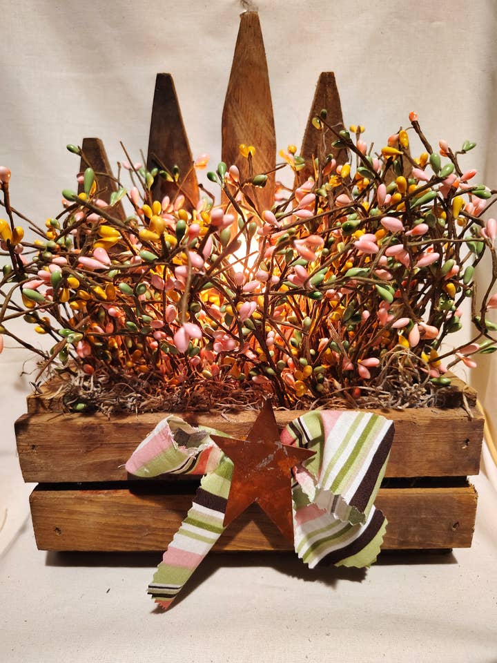 Lighted Spring Pip Berry Fence Box for wholesale by The Heritage Primitive Gift Shoppe