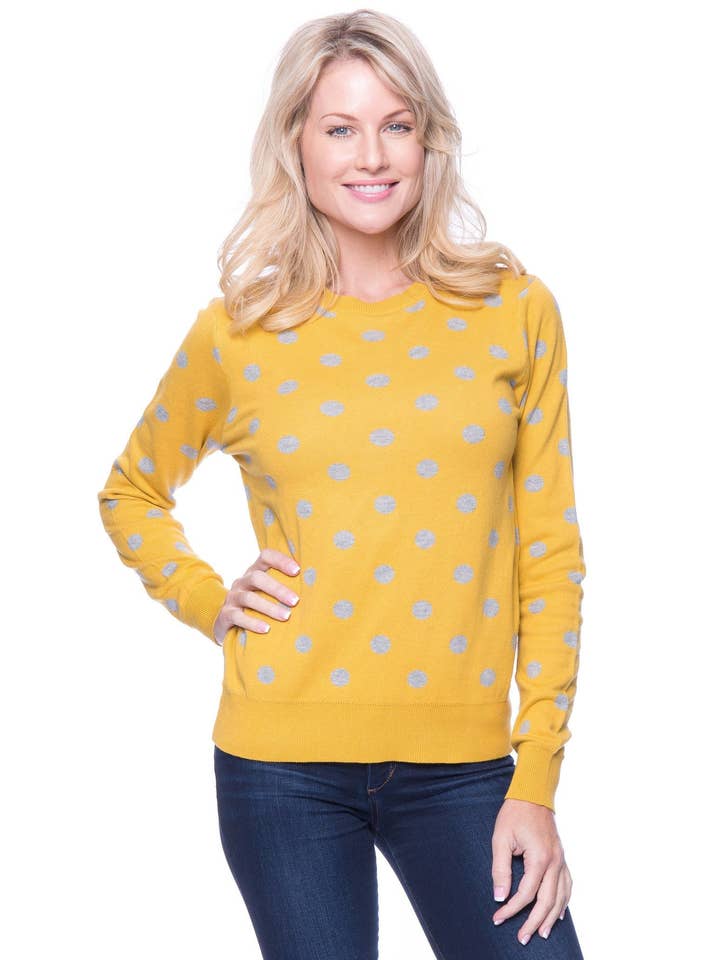 Premium Cotton Crew Neck Sweater - Polka Dots Mustard/Heather Grey for wholesale by Tocco Reale
