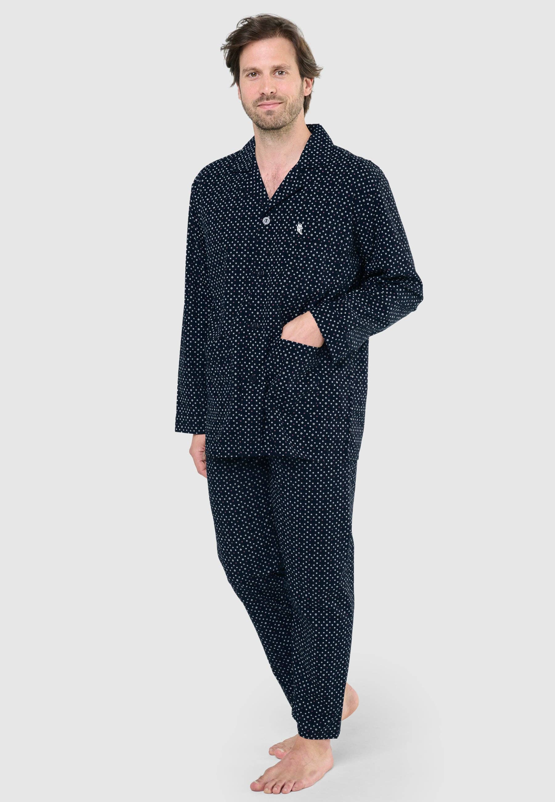 Bleu Pyjama long pour homme en popeline avec col châle - Marine 1400 en vente sur Faire1