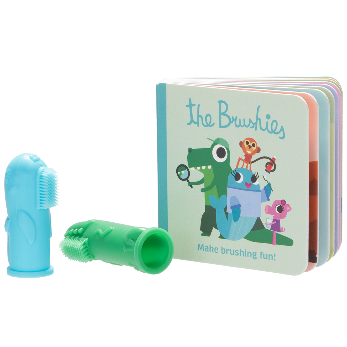 The Brushies - Wholesale Toothbrush - Kids & Baby - 2 Pack & Mini Book - Chomps the Dinosaur & Willa the Whale2