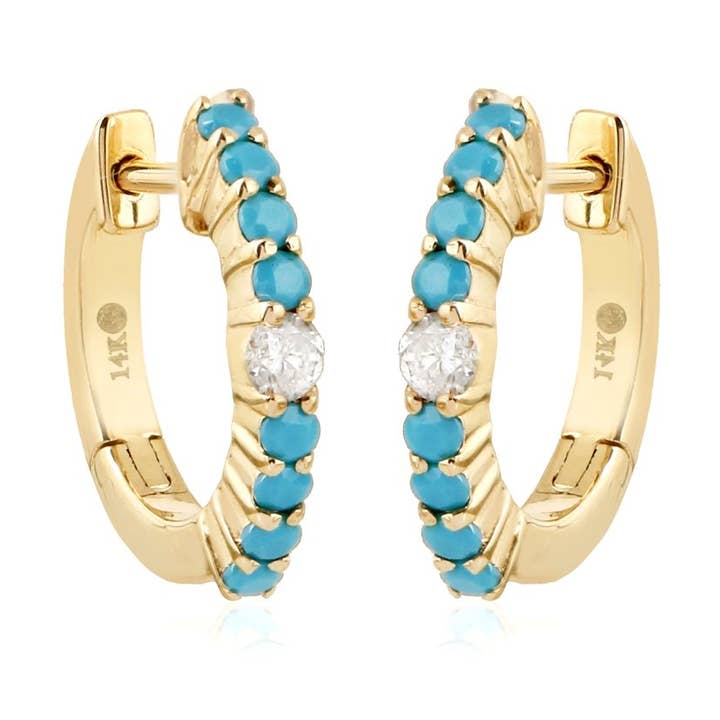 Pendientes Huggie de oro, diamantes y turquesa, 13 mm para venta al por mayor de Jewels of Mewar
