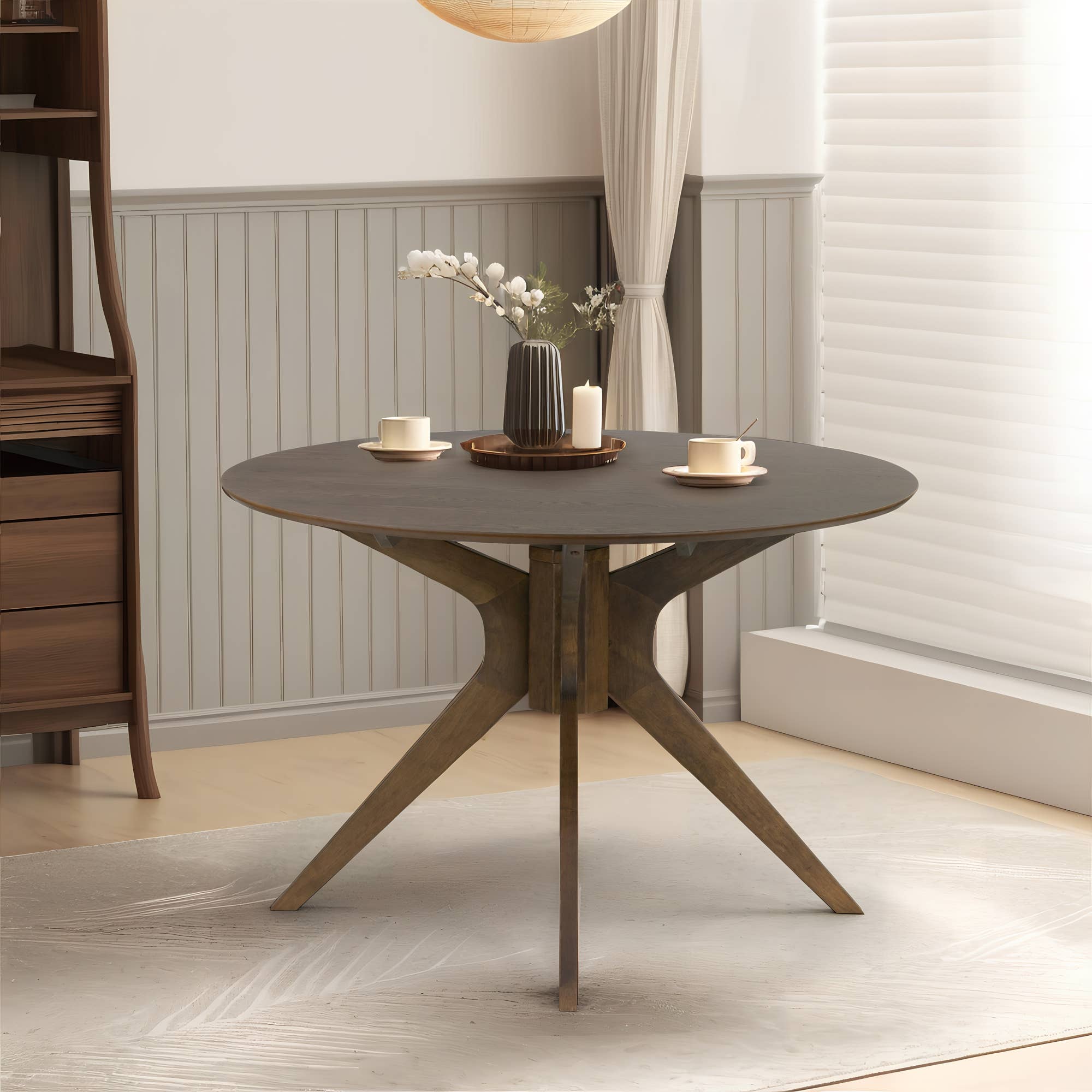 Glamour Home - Wholesale Side Table - Blair Walnut Round Wood Dining Table Starburst Style Base1