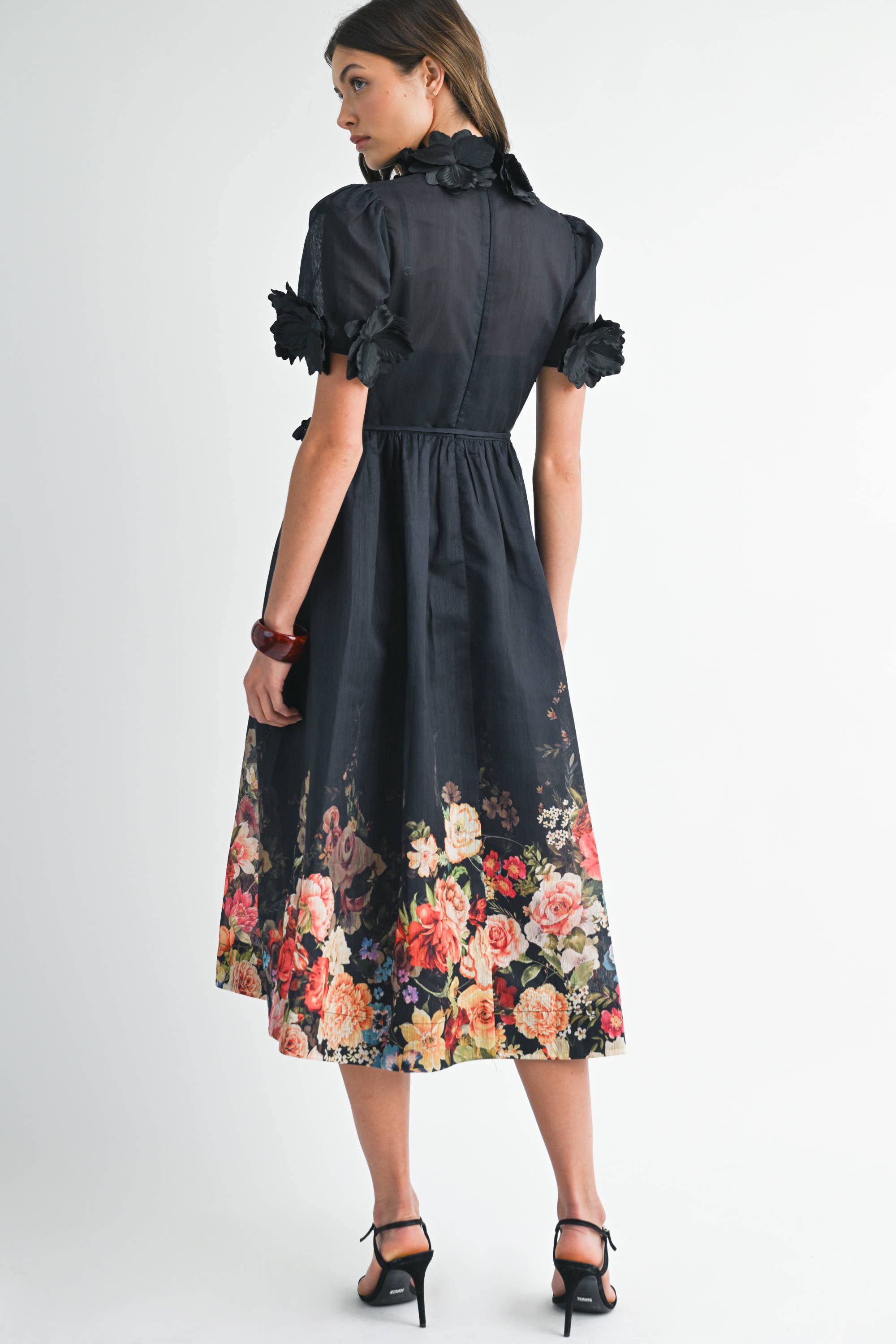 EB LUXE - Wholesale Dress - Women's - RD0026 3D Floral High Neck Short sleeve Midi Dress6