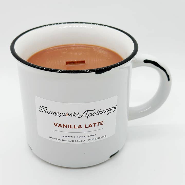 Vanilla Latte White Ceramic Mug 12 oz Candle for wholesale by Flameworks Apothecary