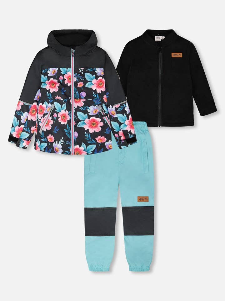 3-in-1 tweedelige tussenseizoen buitenkledingset zwart met bloemenprint - zwarte binnenjas voor wholesale door Deux par Deux