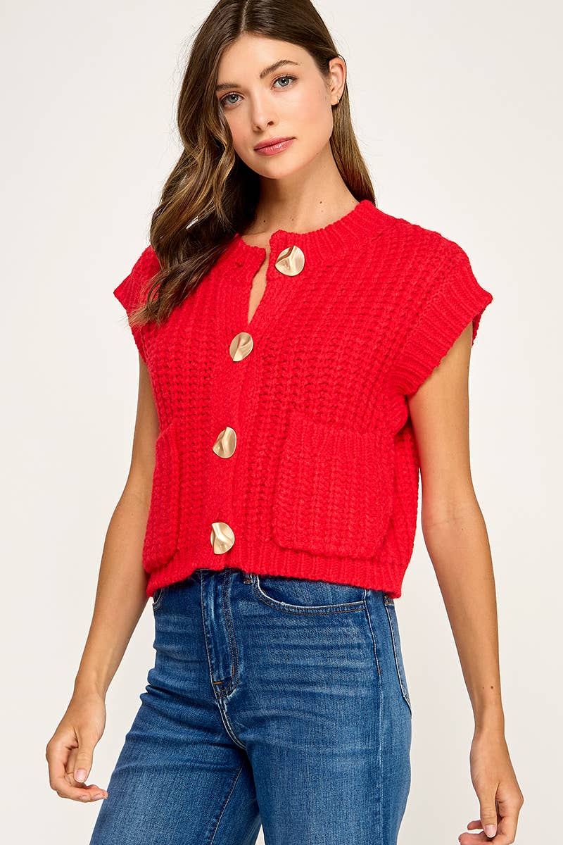 Miss Love - Wholesale Sweater Vest - Women's - CHUNKY KNIT BUTTON-FRONT VEST TOP11