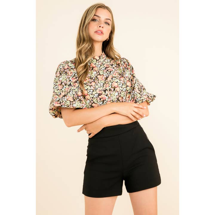 Black Floral Print Puff Sleeve High Neck Top with Short Slee for wholesale on Faire8