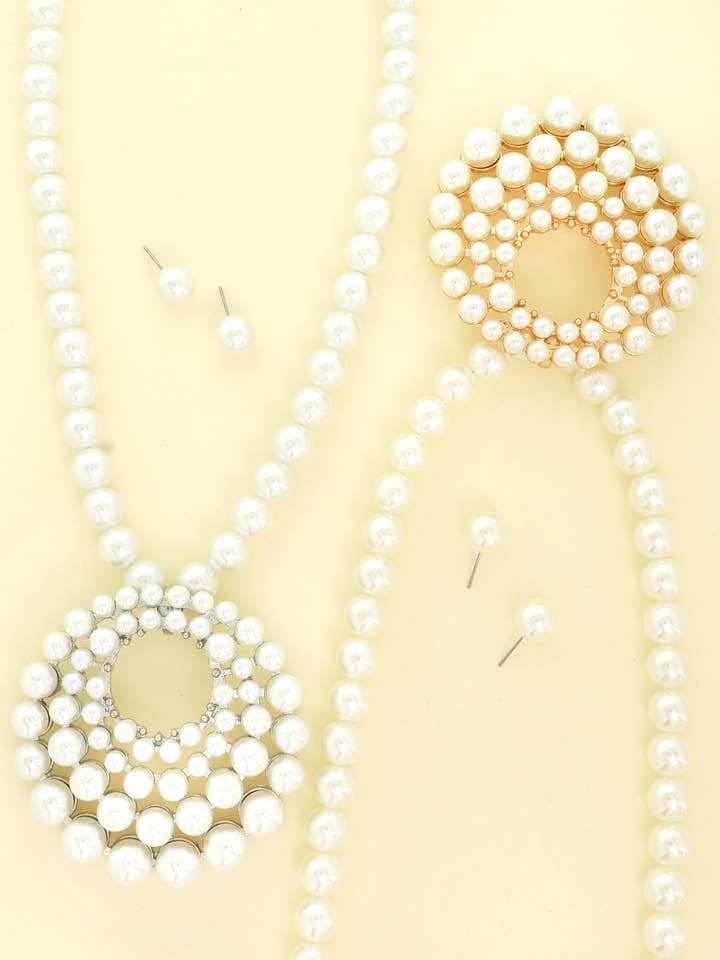 Pearl Open Circle Large Pendant Necklace Set for wholesale by SP Sophia Collection