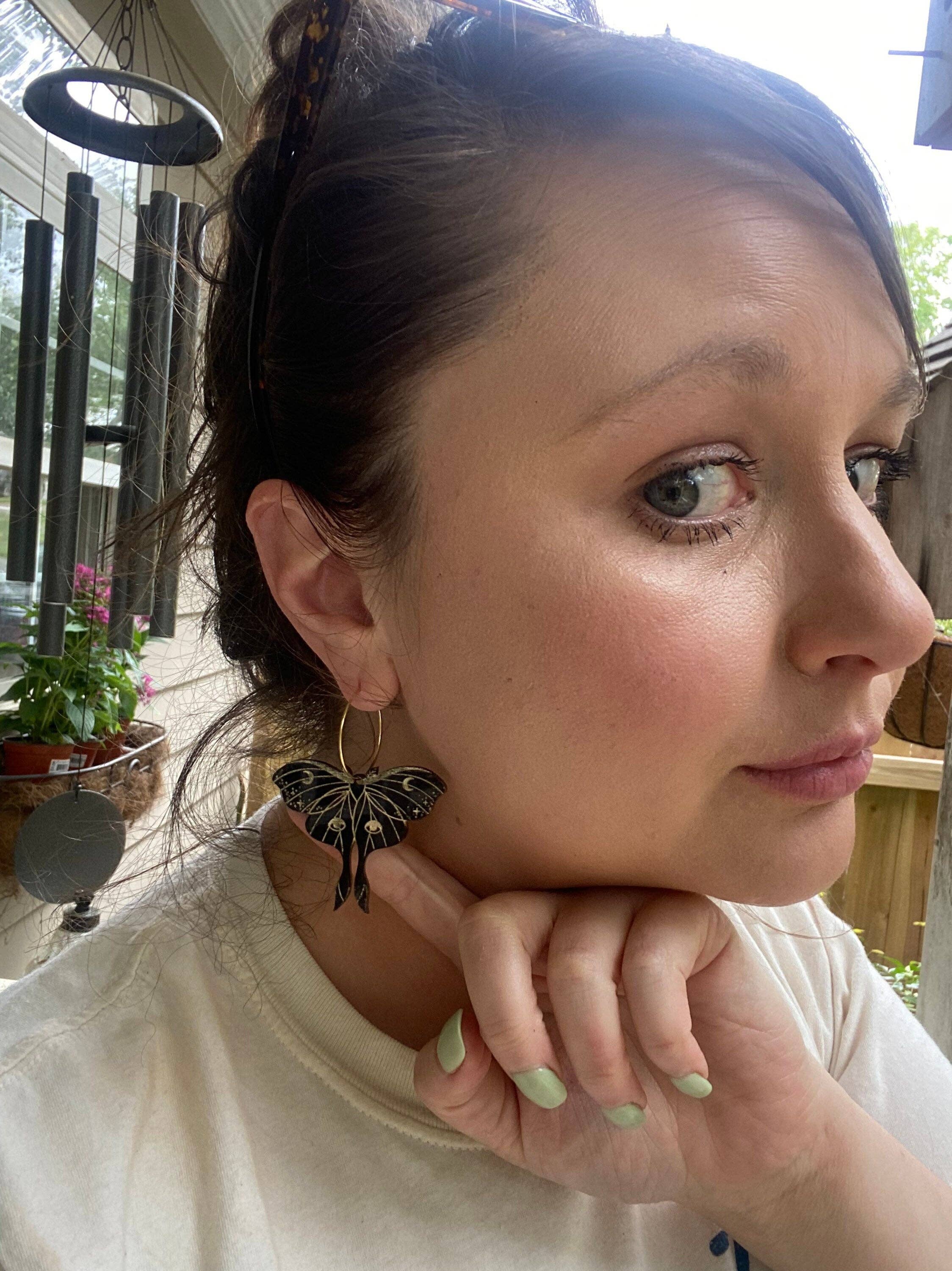 Quirky Bird - Wholesale Dangle earrings - Luna Moth Hoop Earrings in Black & Gold1