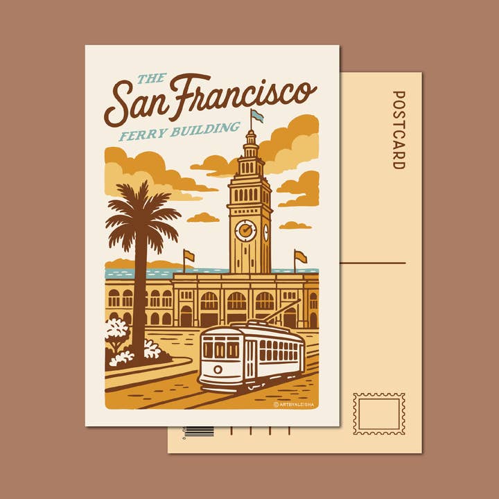 San Francisco Ferry Building Retro Postcard for wholesale by By Aleisha