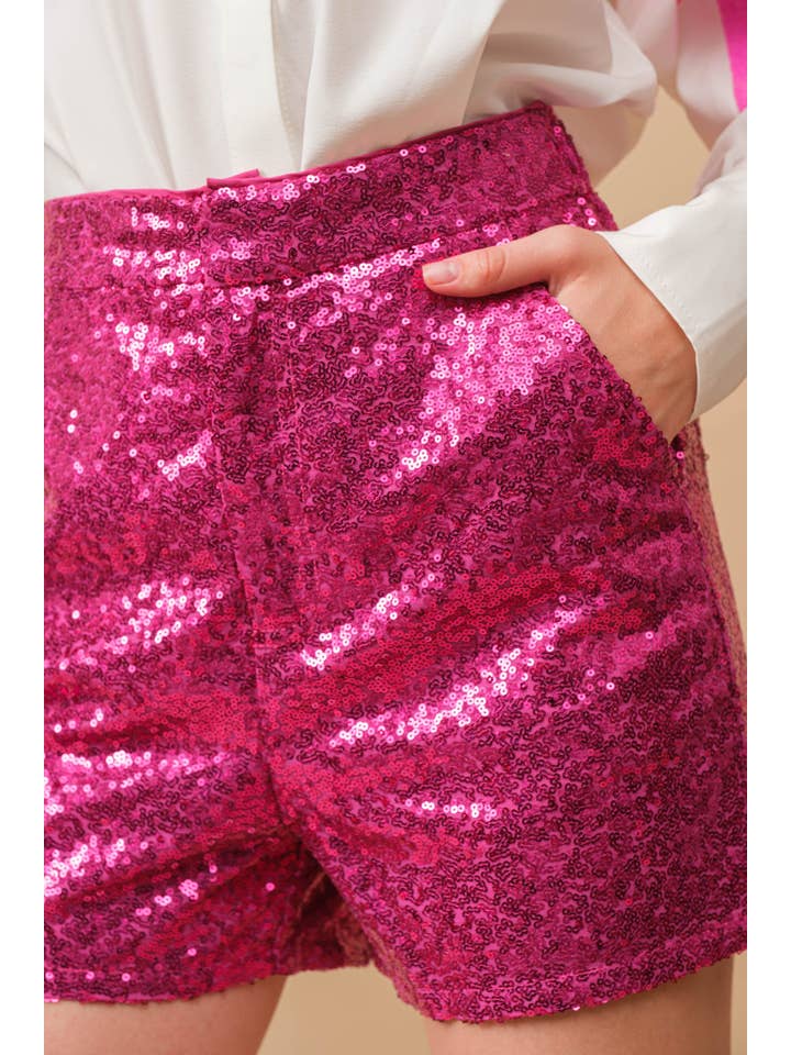 FUCHSIA 22573P - Sequin Zip Up Elastic Back Shorts for wholesale on Faire
