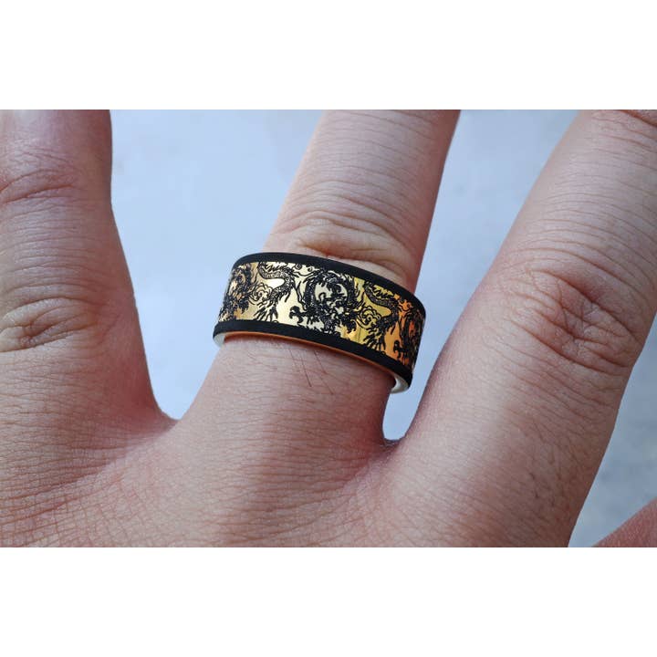 18K Plated Engraved Gold Dragon Band For Men for wholesale by Veil