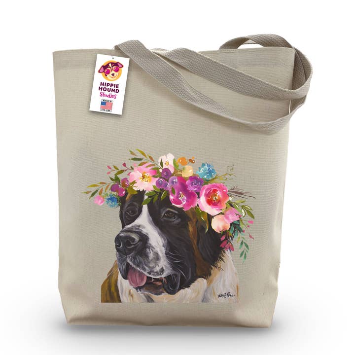 Bright Blooms Saint Bernard Tote Bag, Cute Dog Totes for wholesale by Hippie Hound Studios