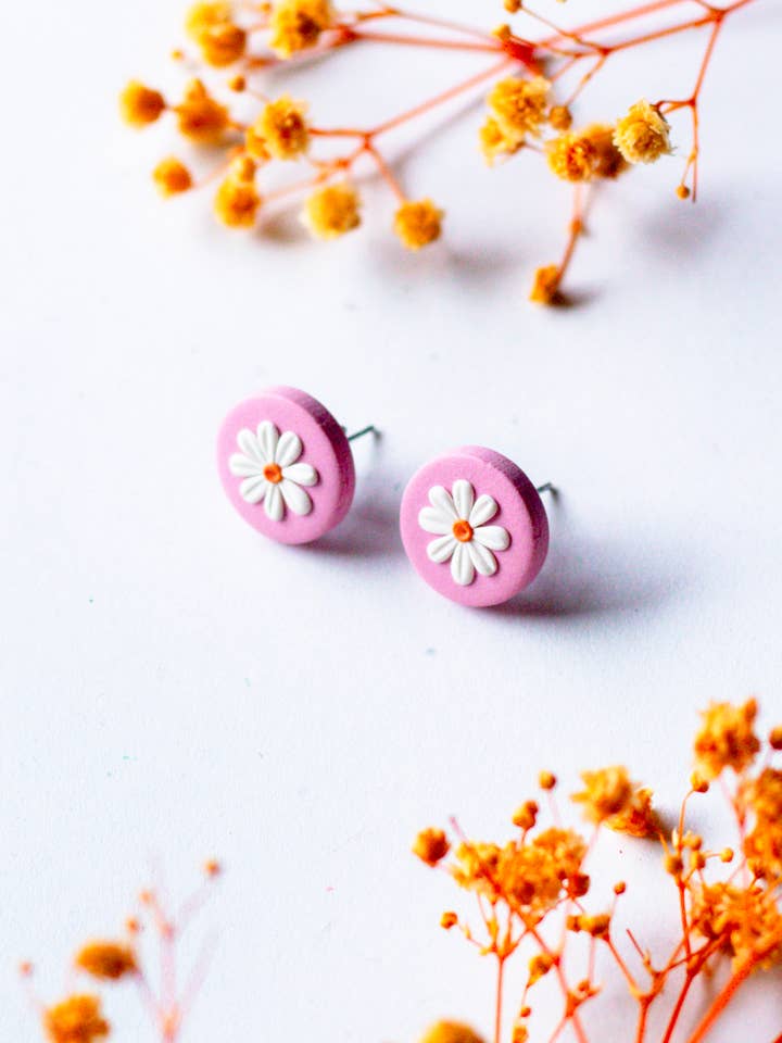 Small Daisy Flower Light Pink Polymer Clay Stud Earrings for wholesale by Slow Day Studios