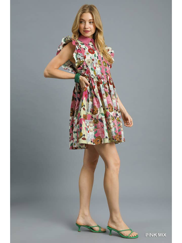 Vanilla Monkey - Wholesale Dress - Women's - Ruffle Sleeve Floral Button-front Mini Dress