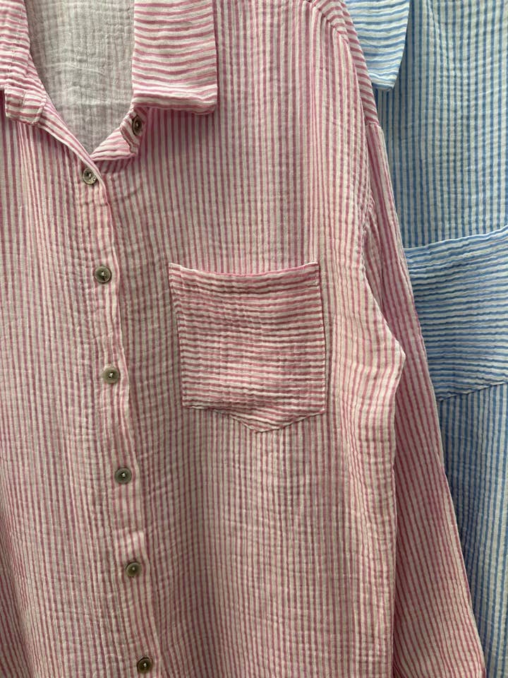 Mimi & Gogo - Wholesale Button Down Shirt - Women's - Striped Cotton Gauze Shirt Pocket @3230_ChRPoche