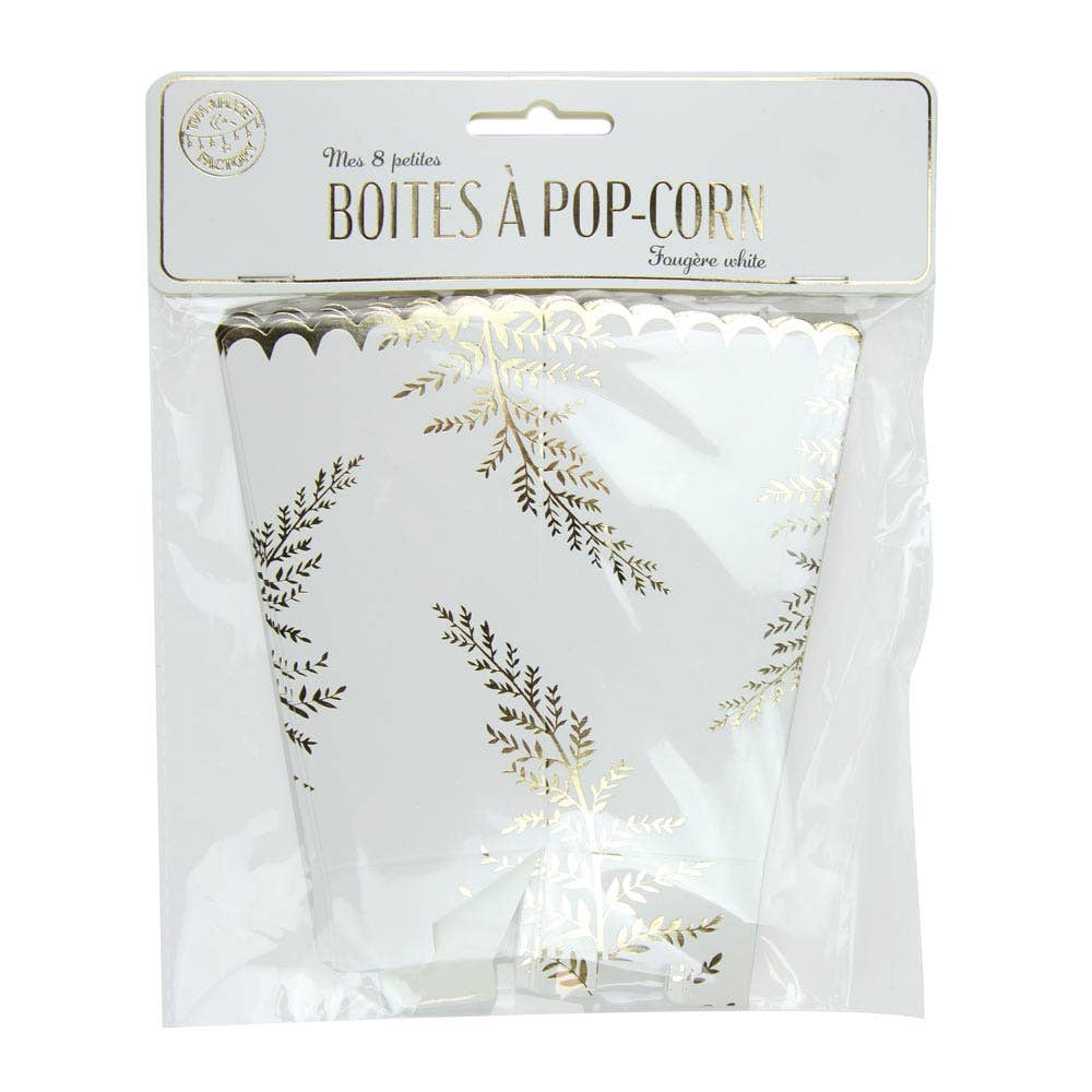 Tim&Puce Factory - Vendita all'ingrosso Borse/Scatole per gadget da festa - Confezione da 8 scatole di popcorn bianco con felce dorata1